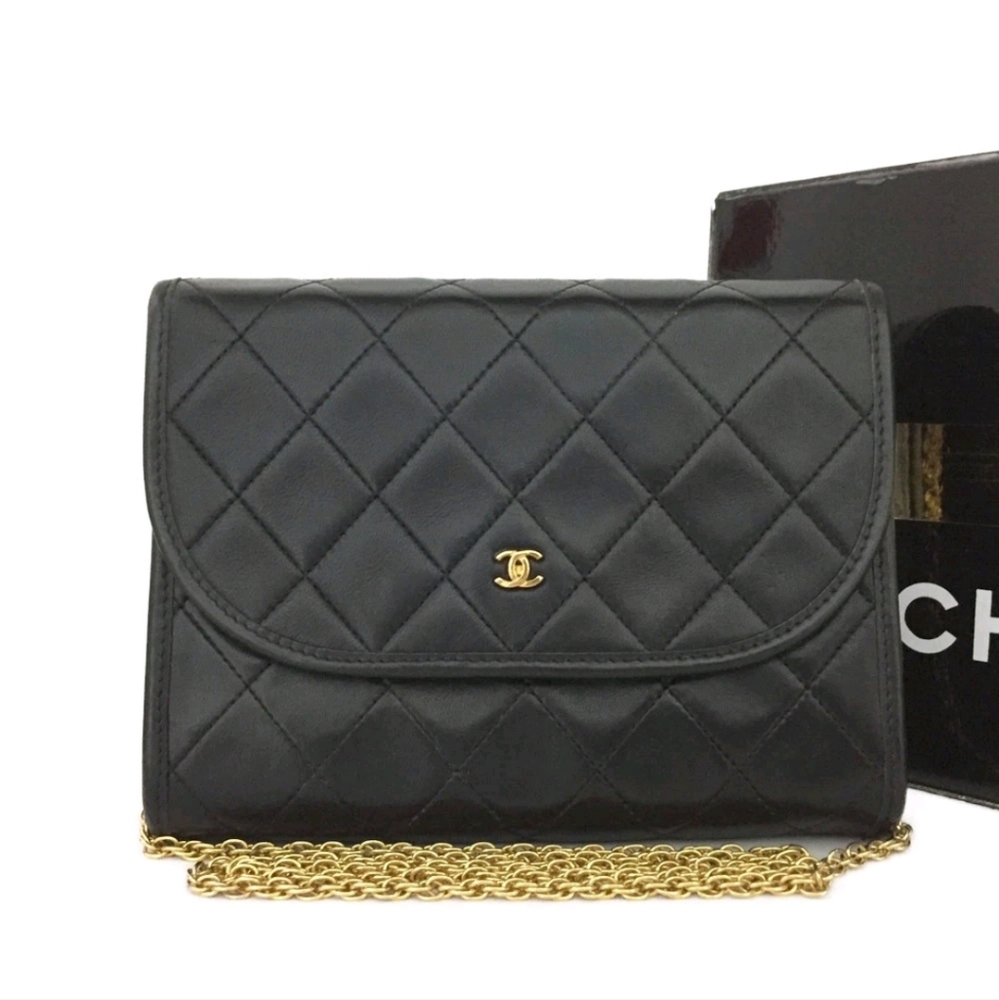 CHANEL Black Quilted Lambskin Crossbody with Gold Chain